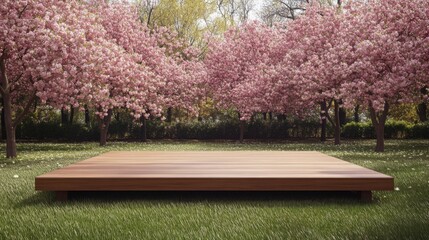 Aufkleber - A wooden podium is set up on a lush green lawn, surrounded by vibrant cherry blossom trees in full bloom. The scene captures the essence of spring, showcasing nature's beauty and tranquility.
