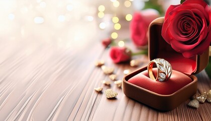 Beauty of gold ring and rose wedding celebration, jewelry with romantic flowers