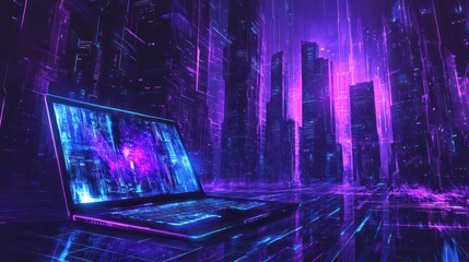 Poster - a laptop is set against a city with purple lines; possibly for tech concepts
