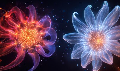 Poster - Vibrant Abstract Flowers with Colorful Light Effects in a Dark Background for Artistic and Creative Concepts