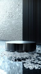 Aufkleber - A striking black metal podium stands elegantly in a contemporary setting, reflecting soft light and surrounded by dazzling crystal-like elements. The atmosphere is serene and artistic