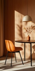 Poster - Elegant minimalist dining area with chic furnishings soft lighting modern design indoor atmosphere captured from an angle