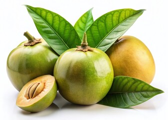 Canvas Print - Vintage Photo: Fresh Ripe Sapote Fruits with Leaf Isolated on White Background