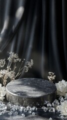 Poster - A stylish slate-gray podium is artfully arranged with white roses and glimmering crystals, set against a black backdrop. This captivating setting invites creative presentations or exhibitions