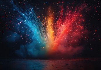Poster - Vibrant Fireworks Explosion with Colorful Smoke in Dark Night Sky Creating a Dramatic and Festive Atmosphere for Celebrations and Events