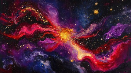 cosmic symphony: a vibrant and abstract rendering of a nebula with swirling colors and golden highli