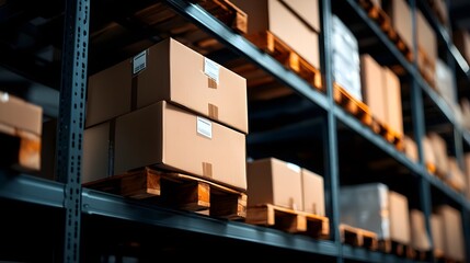 Poster - Organized and dimly lit industrial warehouse shelves with neatly arranged cardboard boxes and packages awaiting distribution