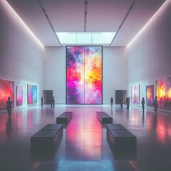 Wall Mural - Visitors admire colorful abstract art in a modern gallery