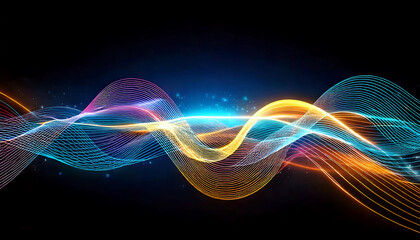 Poster - Dynamic glowing waves in vibrant colors flow across a dark background.  Perfect for technology, music, or abstract designs.  Ideal for websites, presentations, and digital art.
