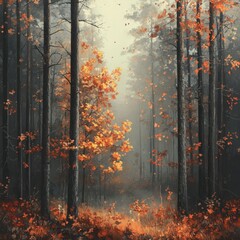 Wall Mural - Autumn forest with vibrant orange and yellow leaves