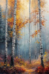 Wall Mural - Beautiful autumn forest with vibrant trees and fog