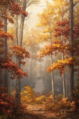 Wall Mural - Autumn forest path with colorful leaves in soft light