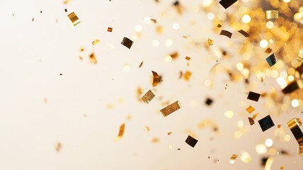 Poster - Golden confetti falling against a bright abstract background, creating a celebratory atmosphere for a special event or festive occasion bokeh Copy space for text