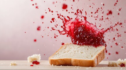 A vibrant splash of cherry jam erupts over a slice of freshly baked bread, illustrating a playful and dynamic contrast between food and motion, appealing and appetizing.