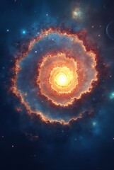 Wall Mural -  a stunning celestial display, showcasing a swirling nebula at the center of the composition. Bright orange and yellow hues radiate from a luminous core