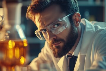 Poster - scientist examines experiment results in laboratory under warm lighting