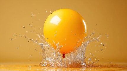 A vibrant yellow balloon bursts in water, creating splashes that showcase the beauty of movement and color, symbolizing joy and celebration in a playful manner.