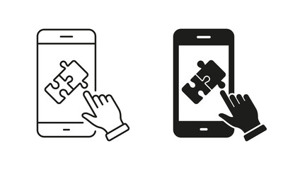 Poster - Puzzle Game in Smartphone Icon. Online App Jigsaw in Cellphone Pictogram. Mobile Phone with Digital Puzzle Sign. Editable Stroke. Isolated Vector Illustration