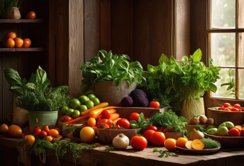 Wall Mural - colorful arrangement fresh ingredients natural wood table rustic aesthetic highlighting diverse textures vibrancy, vegetables, herbs, fruits, spices