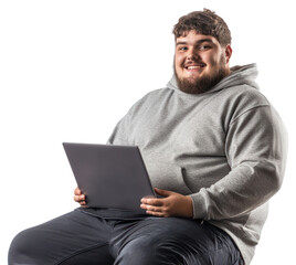 Poster - PNG Young chubby man laptop happy background.