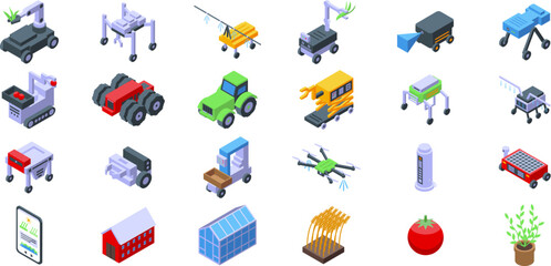 Poster - Robot harvests icons set. Modern agricultural robots, drones, and automated systems are transforming farming practices, increasing efficiency, and optimizing yields