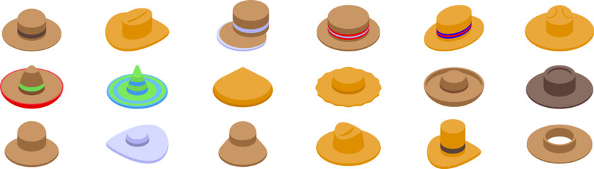 Straw headwear icons set. Large collection of hats showcasing diverse designs including panama, fedora, sombrero, and cowboy styles, perfect for fashion and travel themes