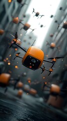 Poster - Synchronized Drone Swarm Delivering Packages in Futuristic Megacity   High Speed Logistics Innovation Showcasing Sci Fi Energy and Aerial Technology