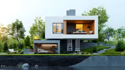 Poster - technologically advanced suburban home with hidden water infrastructure showcased in blueprint style