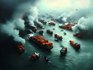 Poster - Towering cargo vessels teeming in an expansive harbor representing the dynamic pulse of international trade and exchange rendered in a bold painterly technique with brushstrokes and a muted