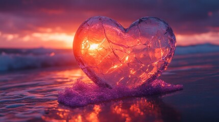 Poster - A Sunset Symphony: A Fragile Ice Heart Meets the Ocean's Embrace at Dawn's Fiery Kiss