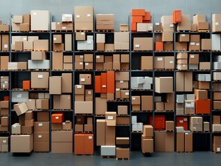 Poster - Towering warehouse shelves laden with stacked boxes and parcels a maze of metallic racks brimming with cargo the rhythmic bustle of a logistics hub cardboard containers arranged in meticulous rows