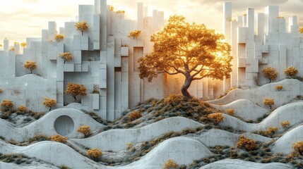 Aufkleber - Golden Autumnal Tree in a Concrete Metropolis: A Surreal Digital Landscape