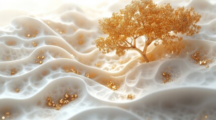 Poster - Golden Tree of Life in a Whimsical, Textured Landscape: A 3D Render of Opulent Beauty and Serene Dreamscapes