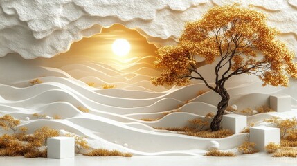 Aufkleber - Serene Golden Autumn: A 3D Render of a Whimsical Landscape with a Twisted Tree, White Rolling Hills, and Sunlit Cave