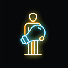 Poster - Neon style vector icon representing a businessman holding a light bulb, concept of business idea and creativity