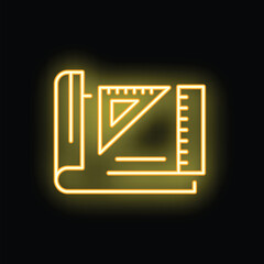 Poster - Neon sign of open notepad with set square and ruler glowing yellow for architectural concept