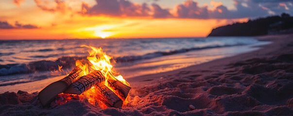 a tranquil beach sunset with a warm bonfire creating a cozy atmosphere.