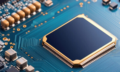 Poster - Close-up view of a microprocessor on a circuit board with electronic components
