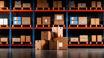 Poster - Warehouse Shelves with Boxes and Packages Awaiting Distribution in Dimly Lit Commercial Space with Gritty Utilitarian Ambiance and Moody Industrial Aesthetic