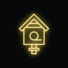 Poster - Brightly shining yellow neon sign of a birdhouse on a black background