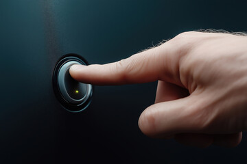 Poster - Finger pressing a button on a sleek, modern device in a dimly lit environment
