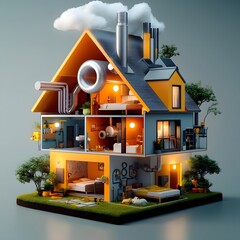 Poster - Warm and inviting home with intricate network of pipes and conduits celebrating the hidden workings that enable modern living