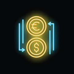 Poster - Glowing neon sign representing the concept of currency exchange between euro and dollar with two arrows pointing in opposite directions