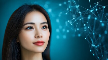 Poster - Thoughtful Young Woman Contemplating Abstract Blue Network