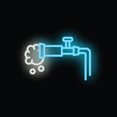 Poster - Blue and white neon water pipe leaking and spraying water on a black background