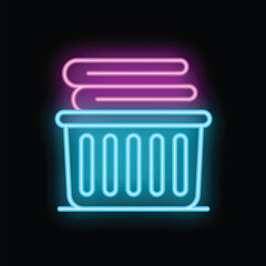 Wall Mural - Neon laundry basket with folded clothes icon glowing on a black background