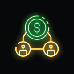 Poster - Neon glowing icon of two business people sharing a dollar coin, representing a financial partnership