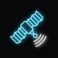 Poster - Blue neon satellite icon orbiting earth and transmitting signals with a black background