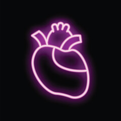 Wall Mural - Neon heart sign glowing on a dark background representing love, health, and romance