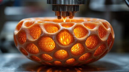 Poster - Intricate 3D-printed bowl illuminated from within, showcasing technology and craftsmanship in workshop